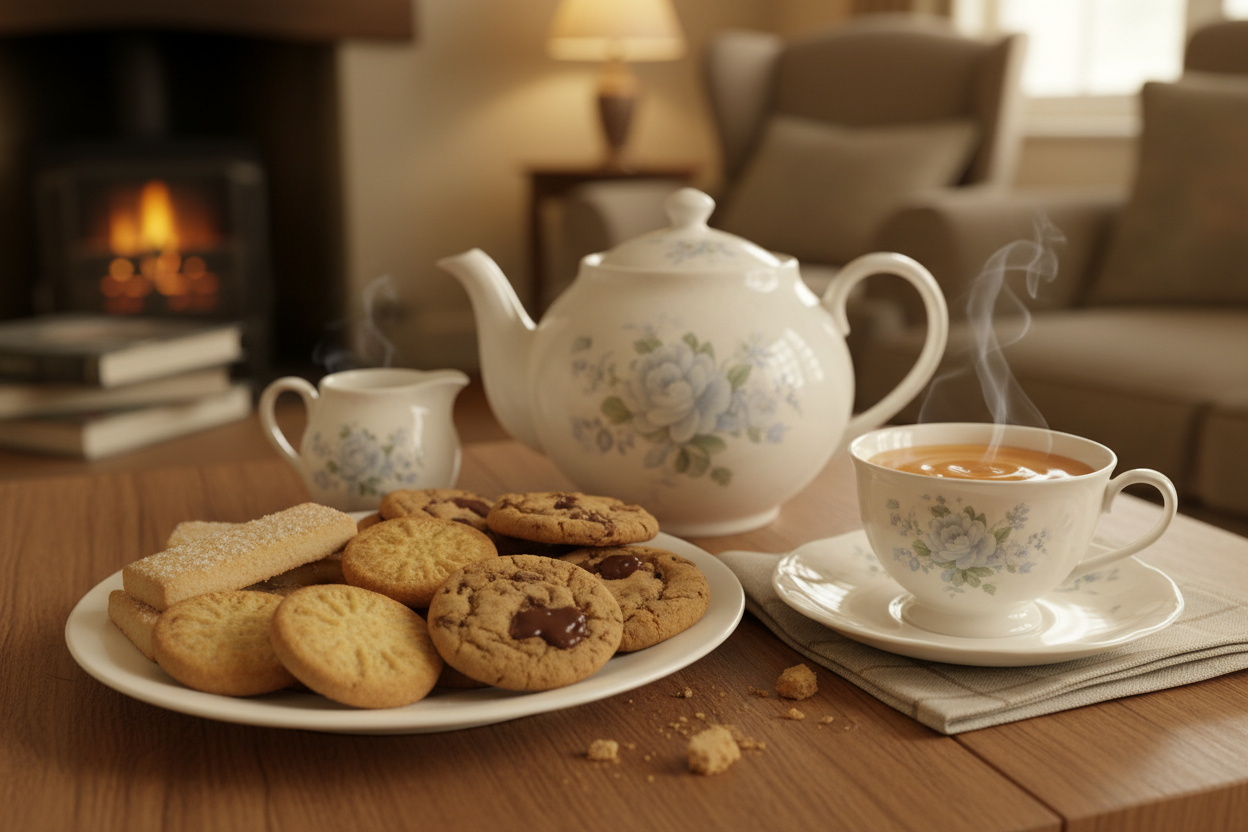 A picture of a teapot, jug of milk and a cup of tea with a plate of assorted biscuits